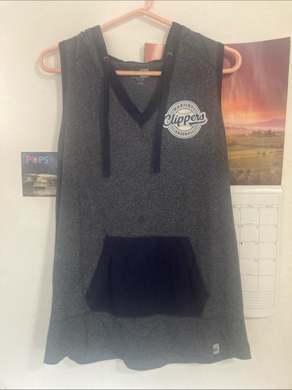 New Era Gray Sleeveless Hooded Tank with Navy Pocket and Trim